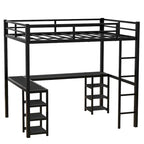 Cama alta de metal de tamaño matrimonial, negra, con escritorio y estantes, cama alta con escalera y barandillas, estructura de cama alta para dormitorio