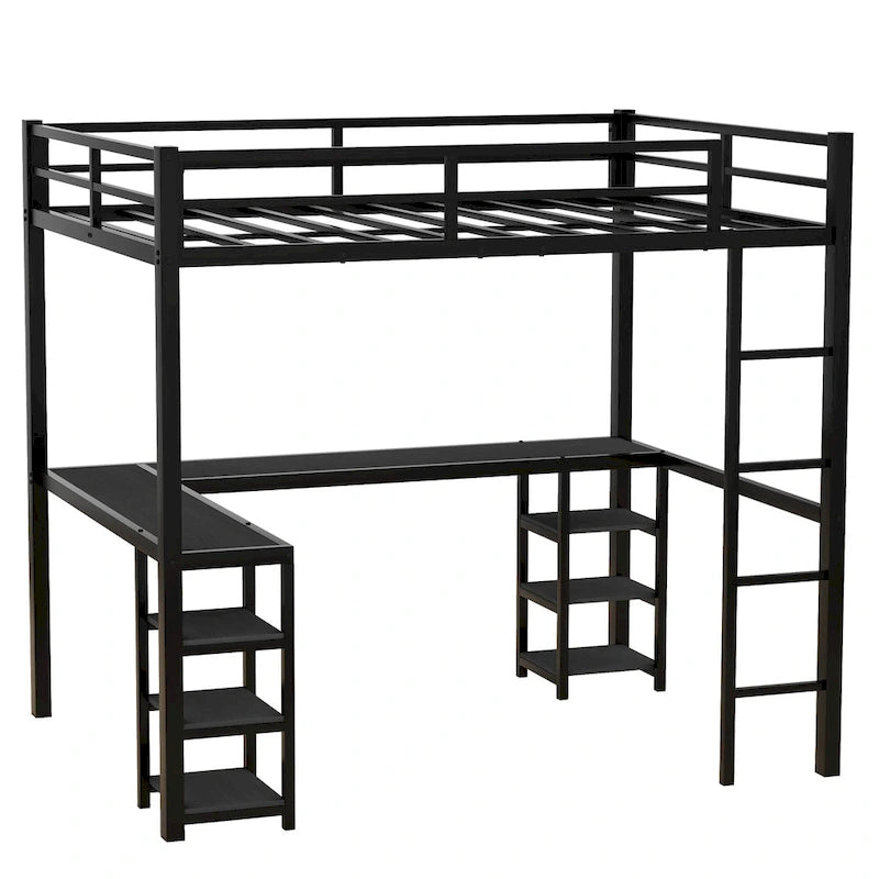 Cama alta de metal de tamaño matrimonial, negra, con escritorio y estantes, cama alta con escalera y barandillas, estructura de cama alta para dormitorio
