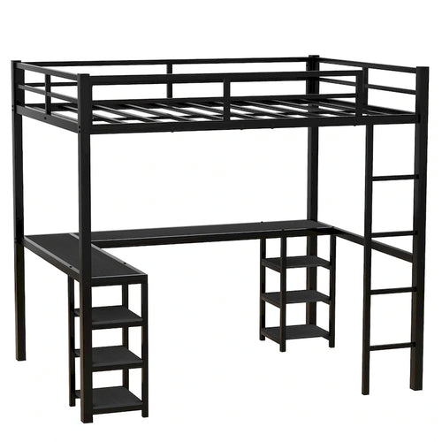 Cama alta de metal de tamaño matrimonial, negra, con escritorio y estantes, cama alta con escalera y barandillas, estructura de cama alta para dormitorio