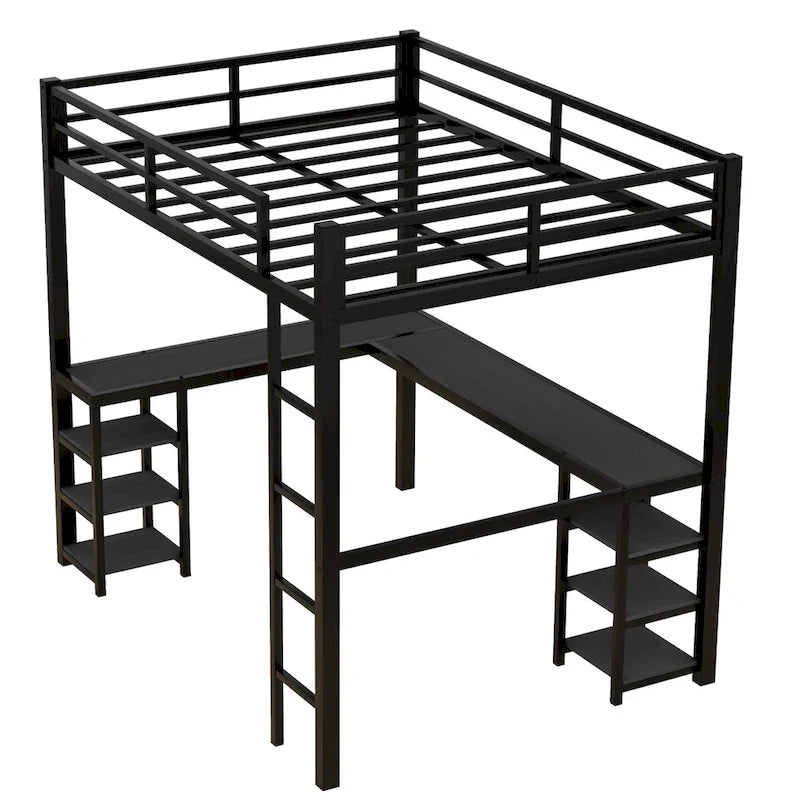 Cama alta de metal de tamaño matrimonial, negra, con escritorio y estantes, cama alta con escalera y barandillas, estructura de cama alta para dormitorio