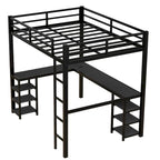 Cama alta de metal de tamaño matrimonial, negra, con escritorio y estantes, cama alta con escalera y barandillas, estructura de cama alta para dormitorio