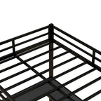 Cama alta de metal de tamaño matrimonial, negra, con escritorio y estantes, cama alta con escalera y barandillas, estructura de cama alta para dormitorio