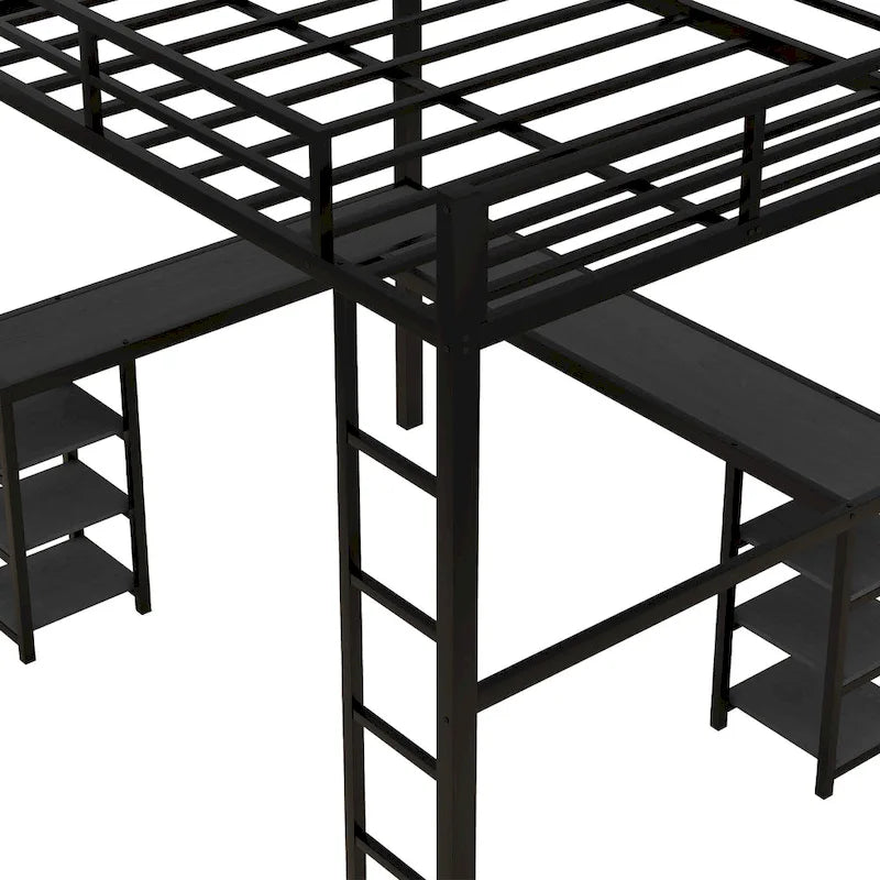Cama alta de metal de tamaño matrimonial, negra, con escritorio y estantes, cama alta con escalera y barandillas, estructura de cama alta para dormitorio