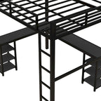 Cama alta de metal de tamaño matrimonial, negra, con escritorio y estantes, cama alta con escalera y barandillas, estructura de cama alta para dormitorio