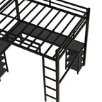Cama alta de metal de tamaño matrimonial, negra, con escritorio y estantes, cama alta con escalera y barandillas, estructura de cama alta para dormitorio