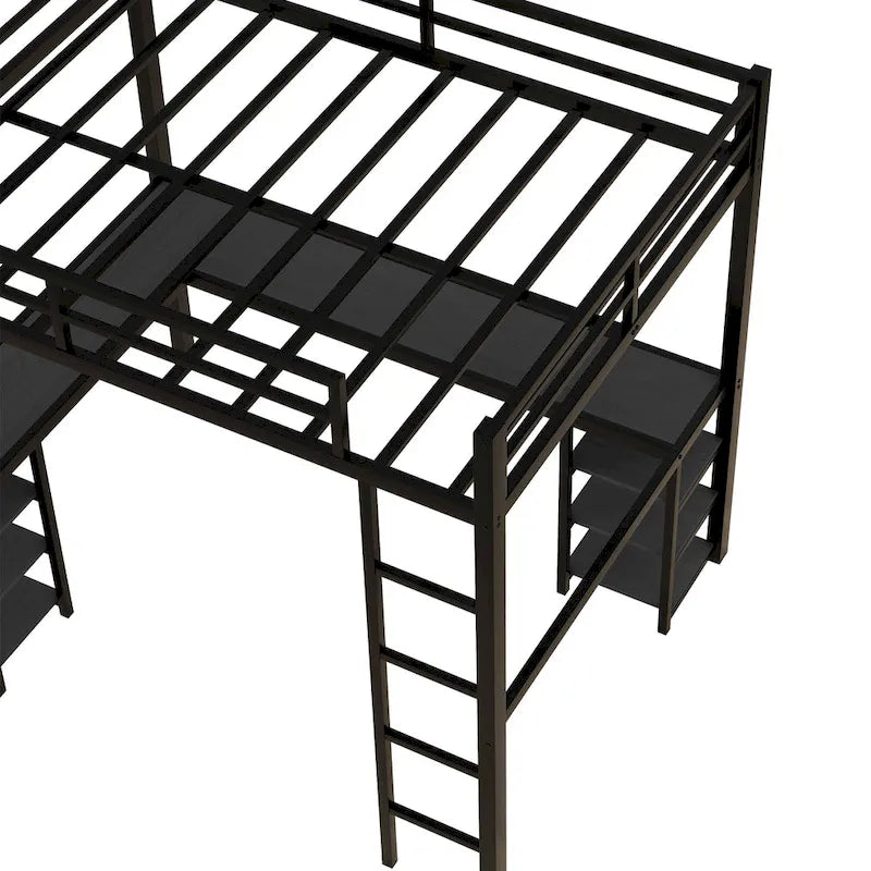 Cama alta de metal de tamaño matrimonial, negra, con escritorio y estantes, cama alta con escalera y barandillas, estructura de cama alta para dormitorio
