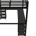 Cama alta de metal de tamaño matrimonial, negra, con escritorio y estantes, cama alta con escalera y barandillas, estructura de cama alta para dormitorio