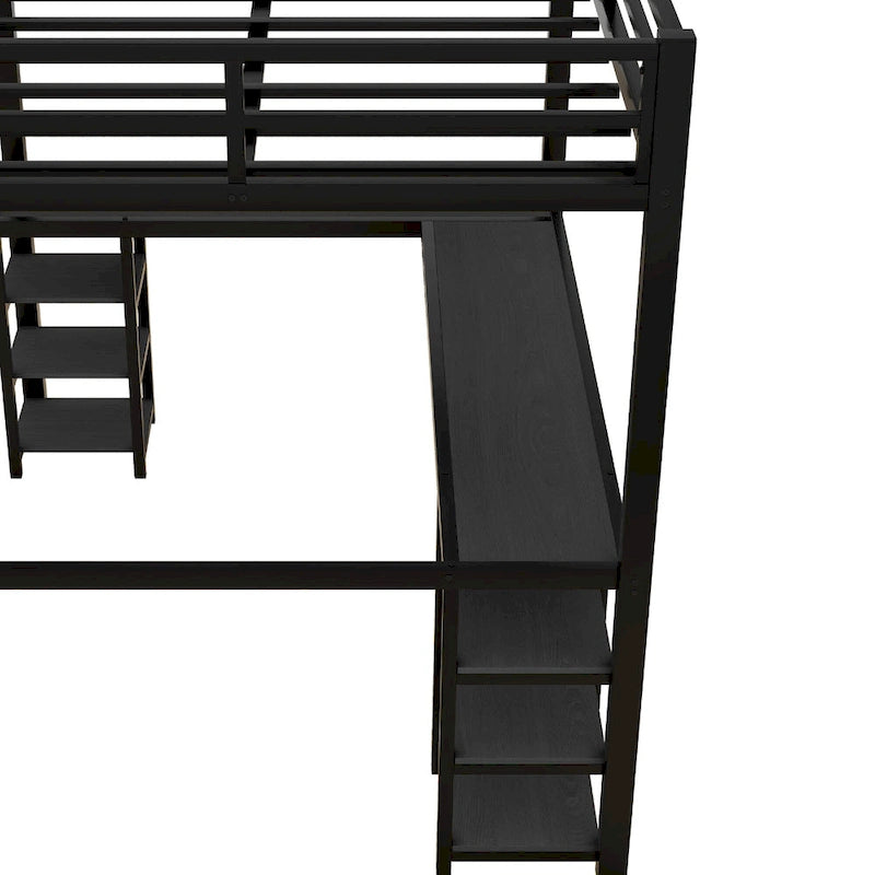 Cama alta de metal de tamaño matrimonial, negra, con escritorio y estantes, cama alta con escalera y barandillas, estructura de cama alta para dormitorio