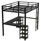 Cama alta de metal de tamaño matrimonial, negra, con escritorio y estantes, cama alta con escalera y barandillas, estructura de cama alta para dormitorio