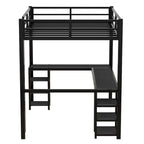 Cama alta de metal de tamaño matrimonial, negra, con escritorio y estantes, cama alta con escalera y barandillas, estructura de cama alta para dormitorio