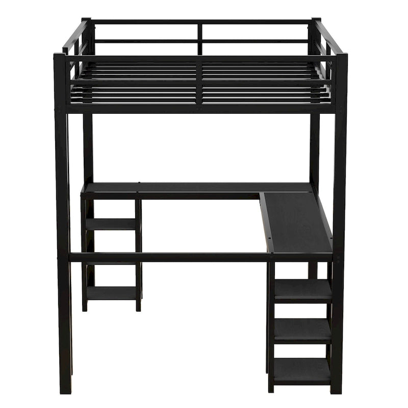Cama alta de metal de tamaño matrimonial, negra, con escritorio y estantes, cama alta con escalera y barandillas, estructura de cama alta para dormitorio