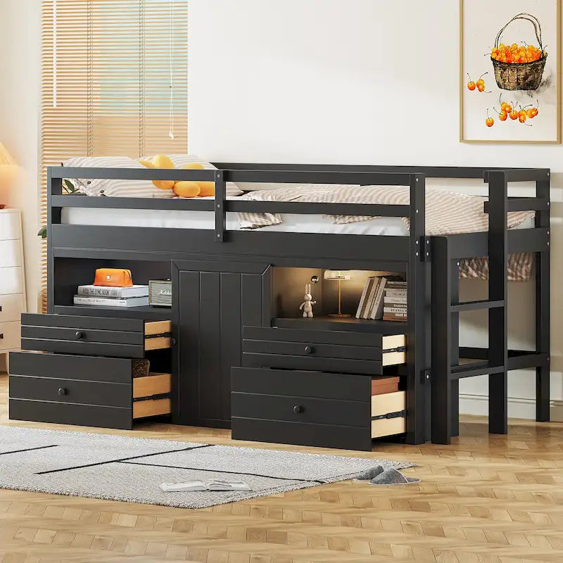 Cama alta de madera maciza espresso tamaño twin con 4 cajones, armario inferior y estantes