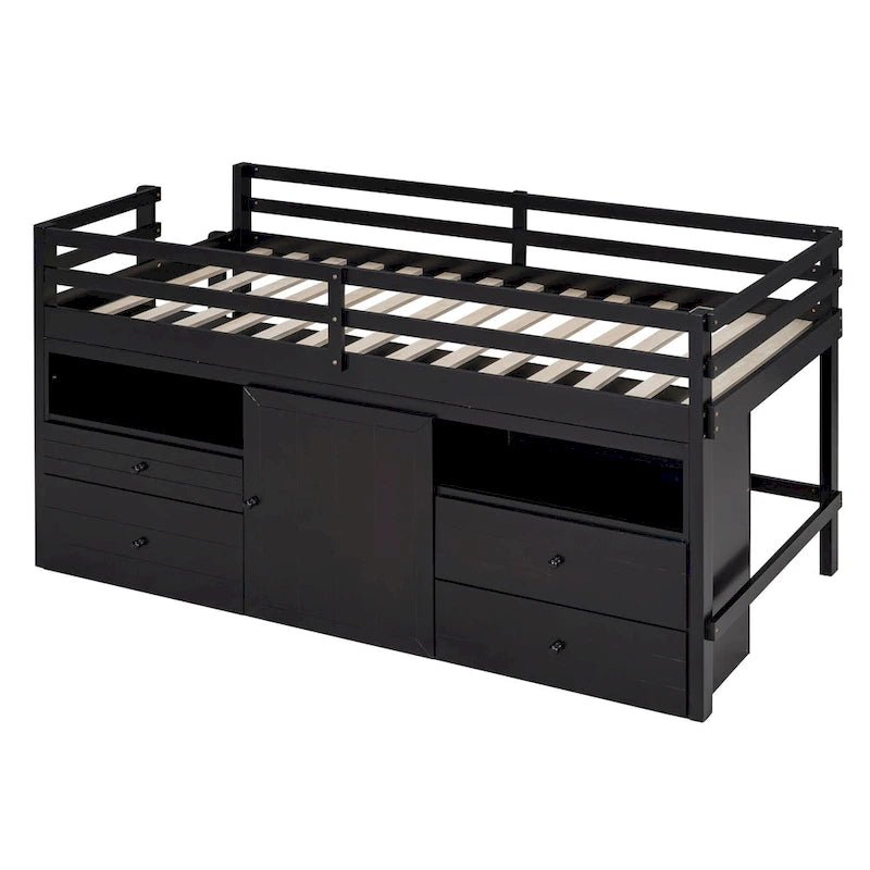 Cama alta de madera maciza espresso tamaño twin con 4 cajones, armario inferior y estantes