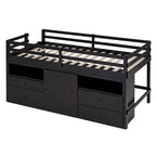 Cama alta de madera maciza espresso tamaño twin con 4 cajones, armario inferior y estantes