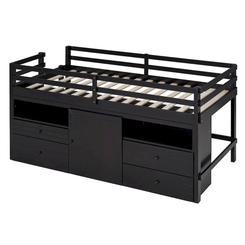Cama alta de madera maciza espresso tamaño twin con 4 cajones, armario inferior y estantes