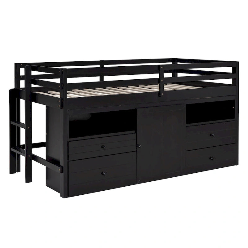 Cama alta de madera maciza espresso tamaño twin con 4 cajones, armario inferior y estantes
