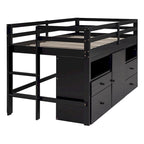 Cama alta de madera maciza espresso tamaño twin con 4 cajones, armario inferior y estantes