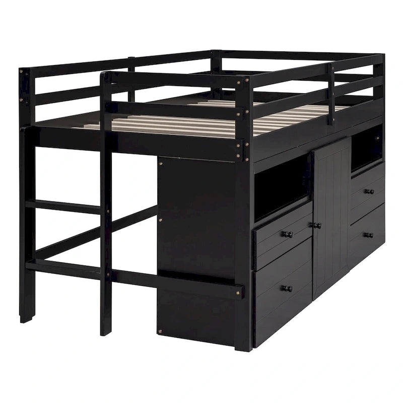 Cama alta de madera maciza espresso tamaño twin con 4 cajones, armario inferior y estantes