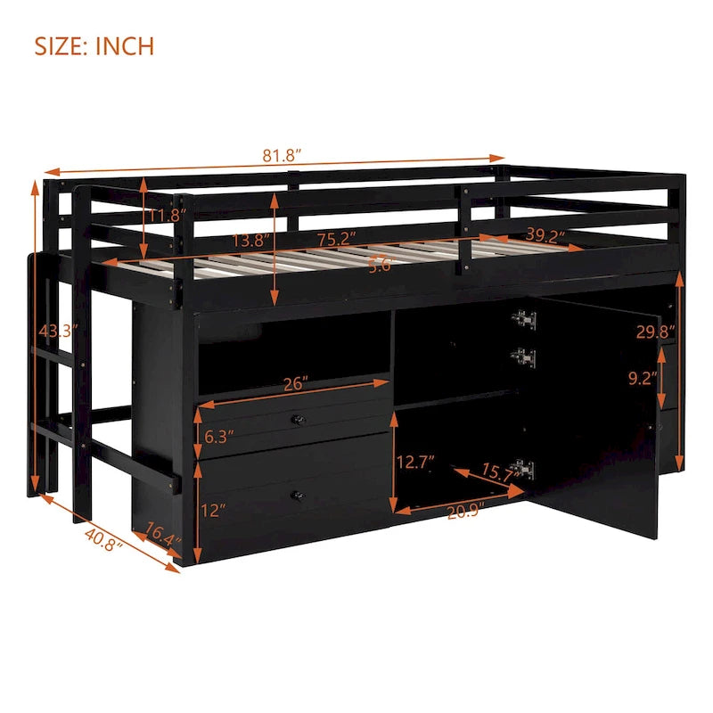 Cama alta de madera maciza espresso tamaño twin con 4 cajones, armario inferior y estantes