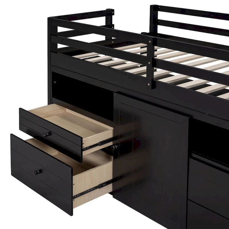 Cama alta de madera maciza espresso tamaño twin con 4 cajones, armario inferior y estantes