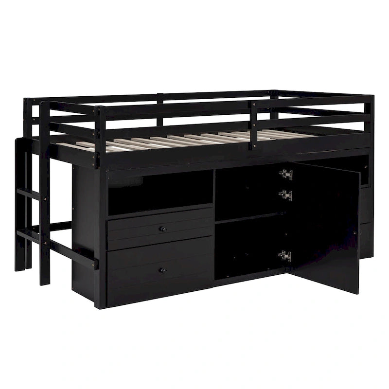 Cama alta de madera maciza espresso tamaño twin con 4 cajones, armario inferior y estantes