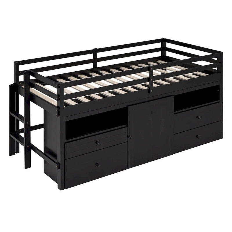 Cama alta de madera maciza espresso tamaño twin con 4 cajones, armario inferior y estantes