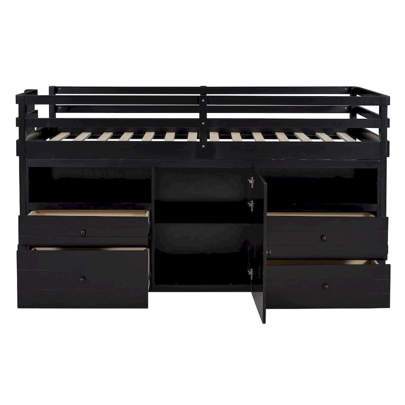 Cama alta de madera maciza espresso tamaño twin con 4 cajones, armario inferior y estantes