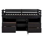 Cama alta de madera maciza espresso tamaño twin con 4 cajones, armario inferior y estantes
