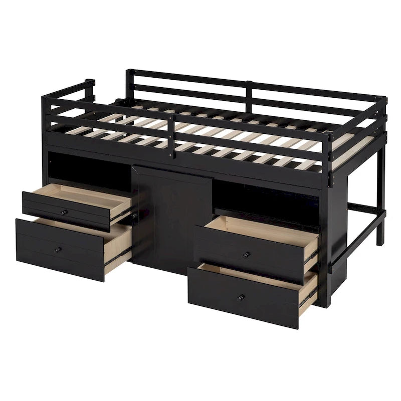 Cama alta de madera maciza espresso tamaño twin con 4 cajones, armario inferior y estantes