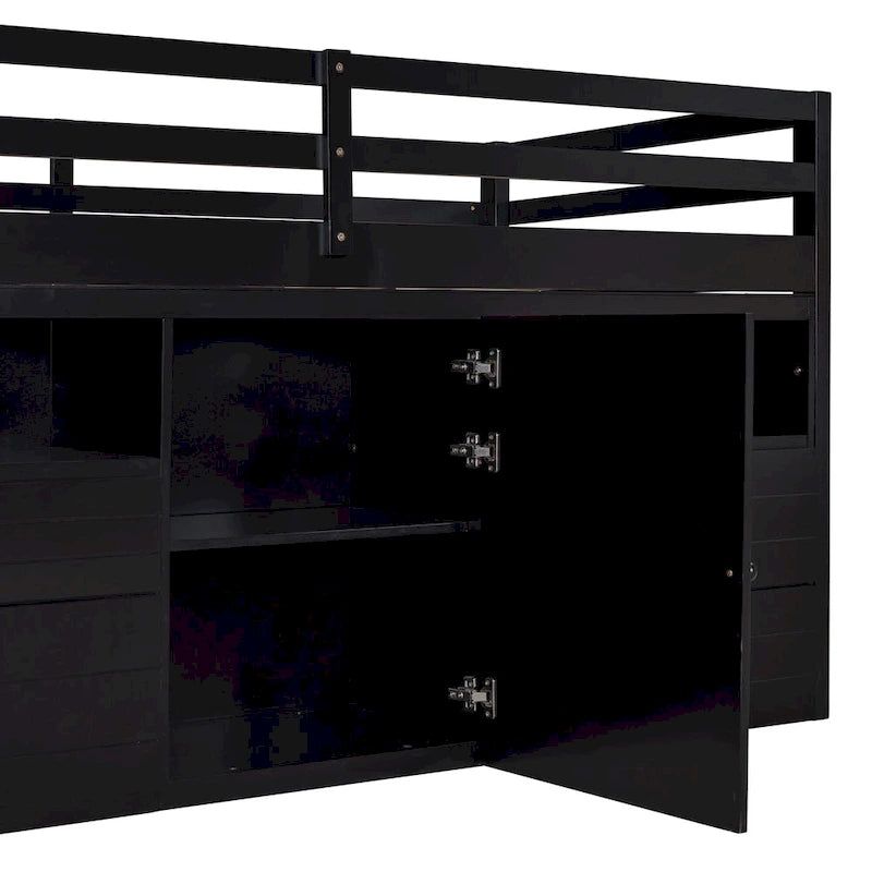Cama alta de madera maciza espresso tamaño twin con 4 cajones, armario inferior y estantes