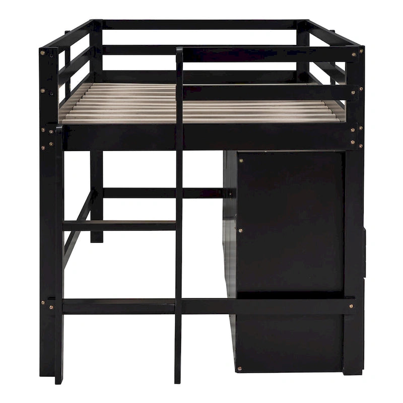 Cama alta de madera maciza espresso tamaño twin con 4 cajones, armario inferior y estantes