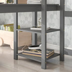 Grey Full Size Wood Loft Bed with Built-in Desk and Guardrails