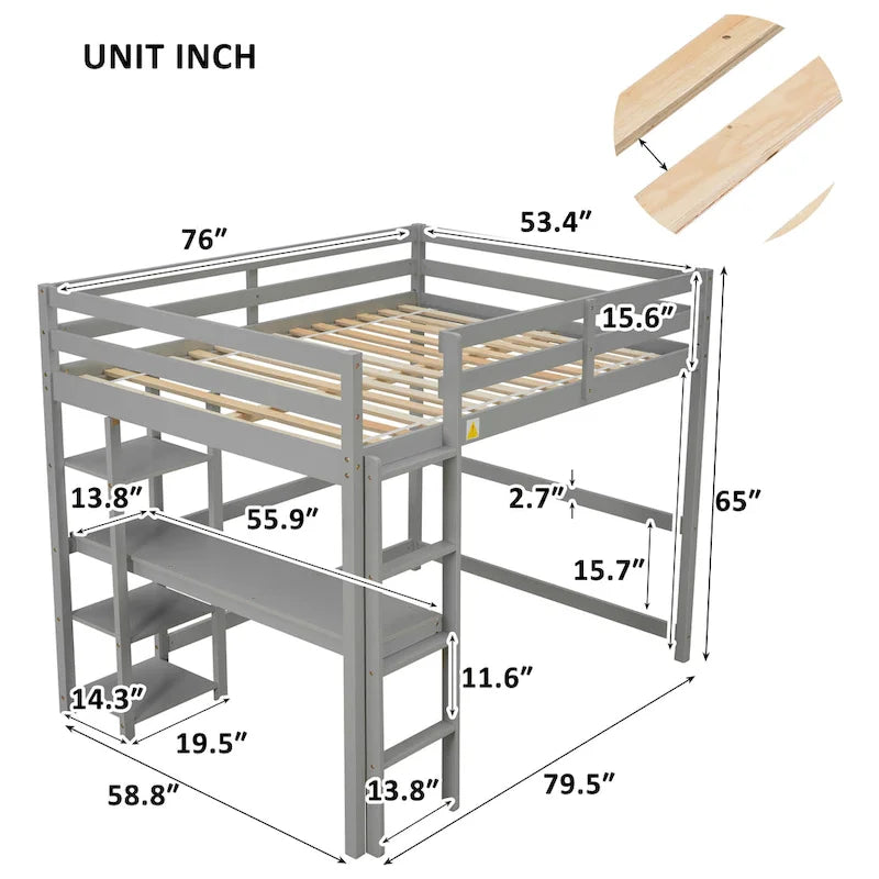 Cama alta de madera gris de tamaño matrimonial con escritorio integrado y barandales