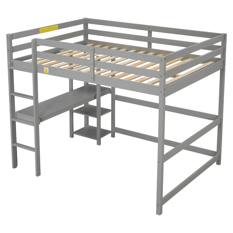 Cama alta de madera gris de tamaño matrimonial con escritorio integrado y barandales