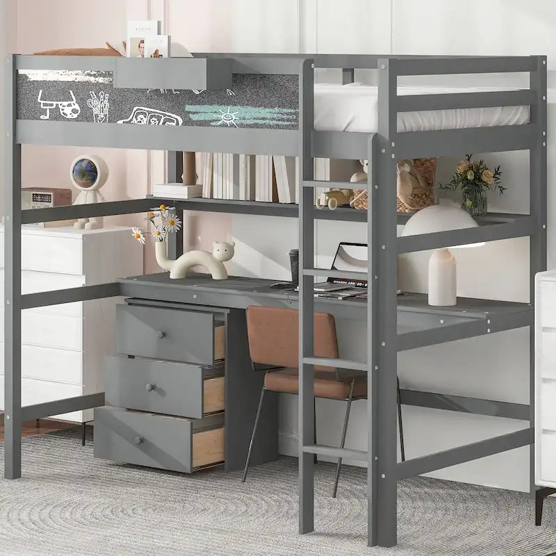 Cama alta de madera maciza gris tamaño individual con escritorio, pizarra y almacenamiento