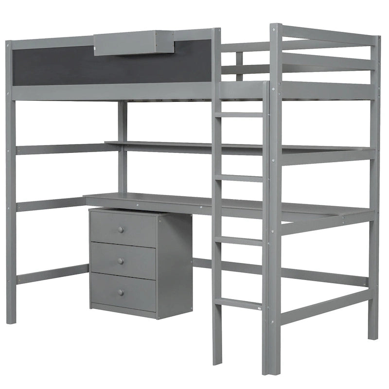 Cama alta de madera maciza gris tamaño individual con escritorio, pizarra y almacenamiento