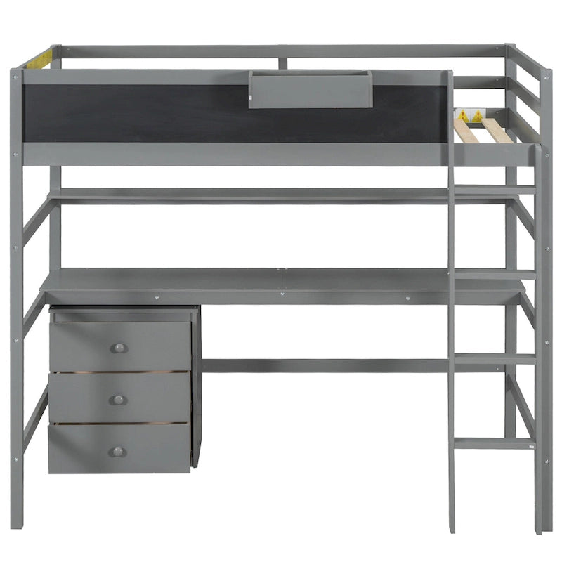 Cama alta de madera maciza gris tamaño individual con escritorio, pizarra y almacenamiento