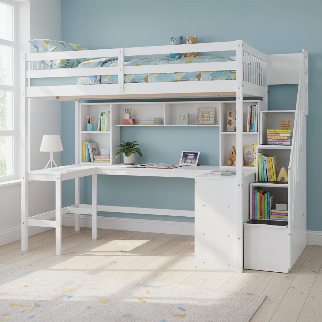 White Full Size Pine Wood Loft Bed with Built-in L-Shaped Desk and Three-Tier Storage Shelves, and Attached Storage Staircase