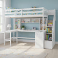 White Full Size Pine Wood Loft Bed with Built-in L-Shaped Desk and Three-Tier Storage Shelves, and Attached Storage Staircase