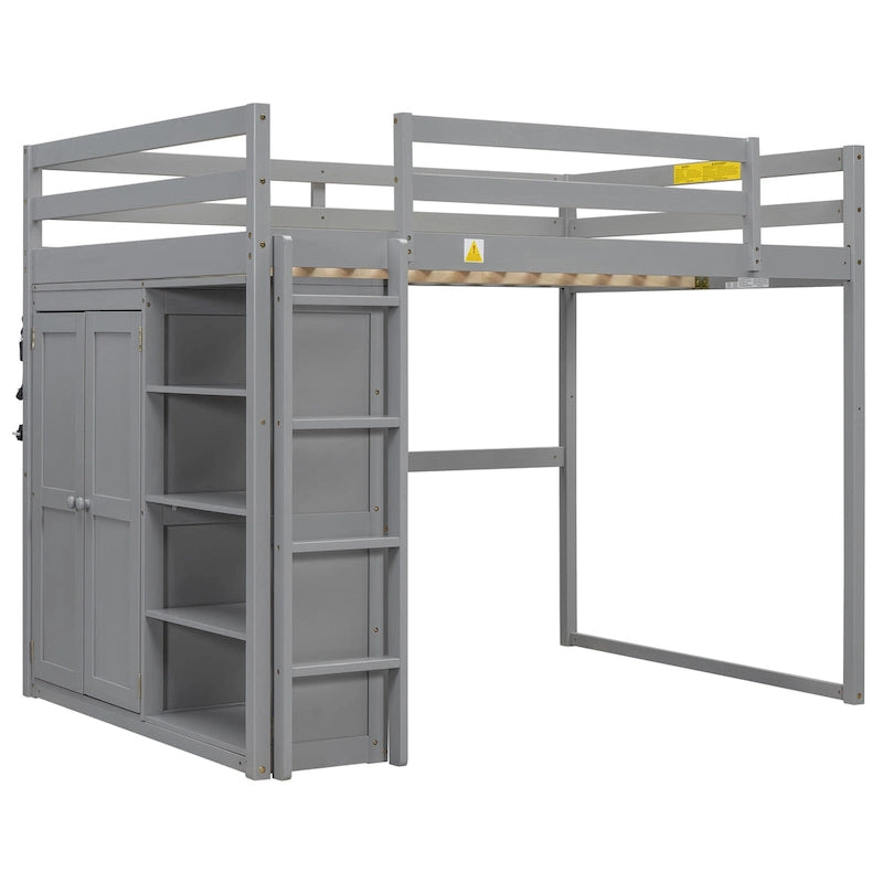 Cama alta de madera tamaño matrimonial gris con armario empotrado y estantes, luz LED