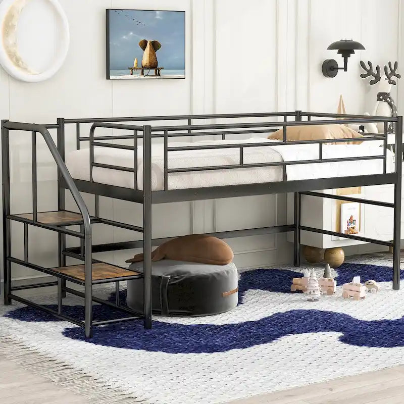 Cama alta mediana negra de metal y MDF, tamaño individual, con escaleras de almacenamiento y barandilla para niños y niñas, dormitorio