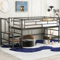 Cama alta mediana negra de metal y MDF, tamaño individual, con escaleras de almacenamiento y barandilla para niños y niñas, dormitorio