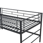 Cama alta mediana negra de metal y MDF, tamaño individual, con escaleras de almacenamiento y barandilla para niños y niñas, dormitorio