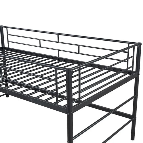 Cama alta mediana negra de metal y MDF, tamaño individual, con escaleras de almacenamiento y barandilla para niños y niñas, dormitorio