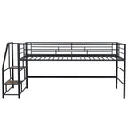 Cama alta mediana negra de metal y MDF, tamaño individual, con escaleras de almacenamiento y barandilla para niños y niñas, dormitorio