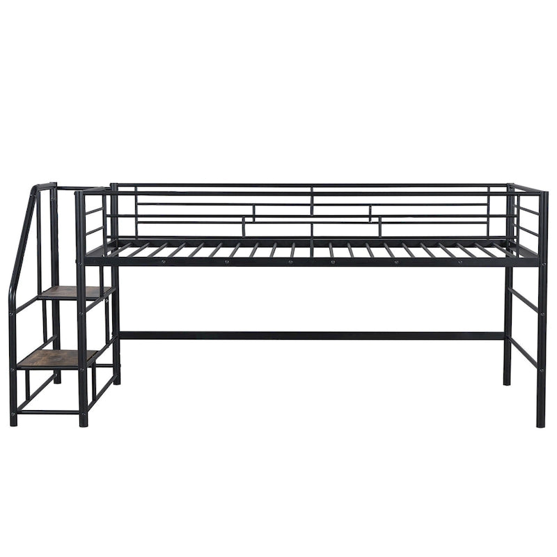 Cama alta mediana negra de metal y MDF, tamaño individual, con escaleras de almacenamiento y barandilla para niños y niñas, dormitorio