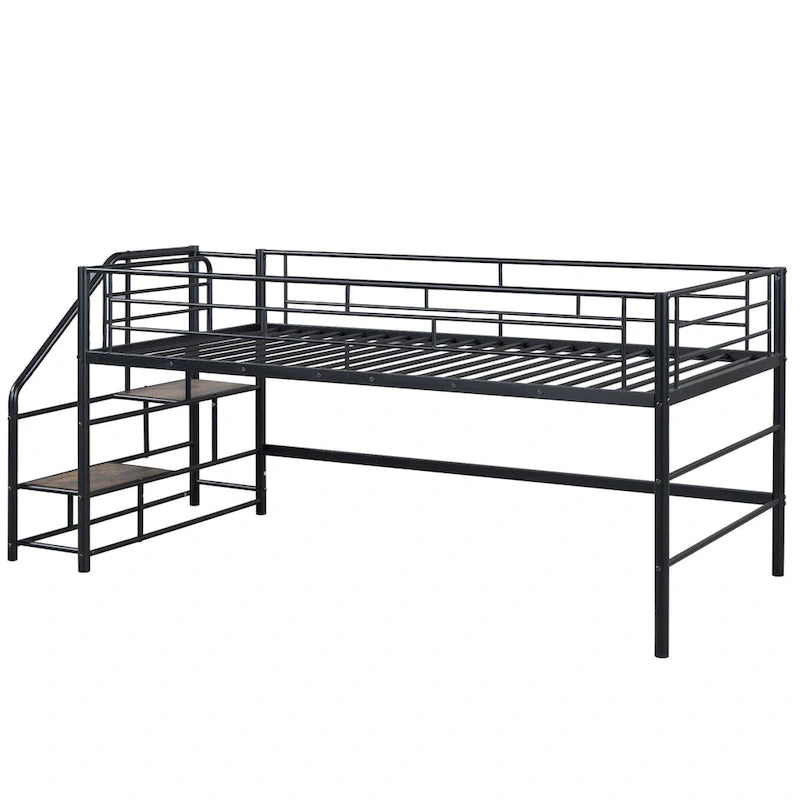 Cama alta mediana negra de metal y MDF, tamaño individual, con escaleras de almacenamiento y barandilla para niños y niñas, dormitorio