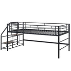 Cama alta mediana negra de metal y MDF, tamaño individual, con escaleras de almacenamiento y barandilla para niños y niñas, dormitorio