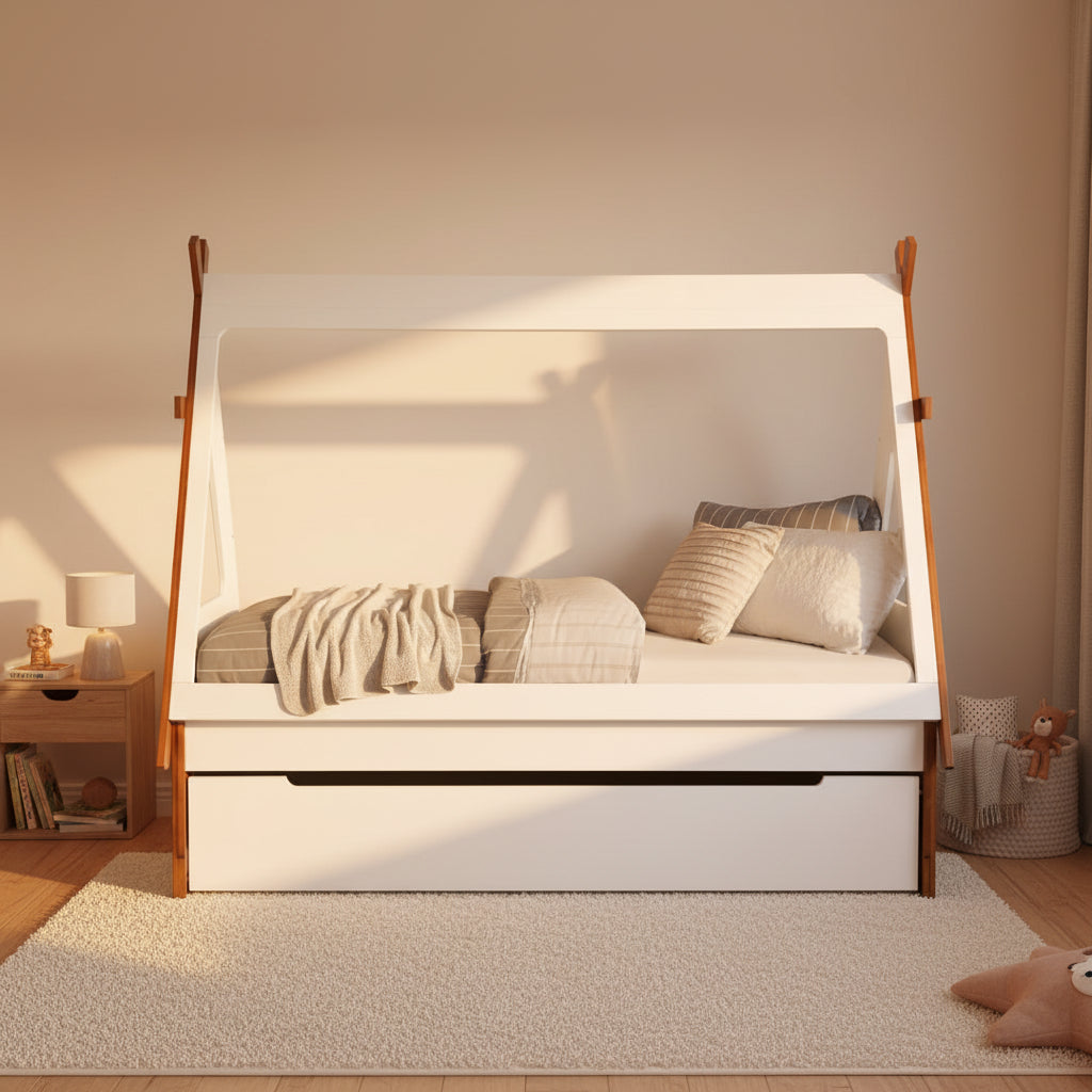 Synthetic Wood Twin Size Tent Bed with Trundle, Storage Minimalist Design, Space-Saving, for Kids' Room