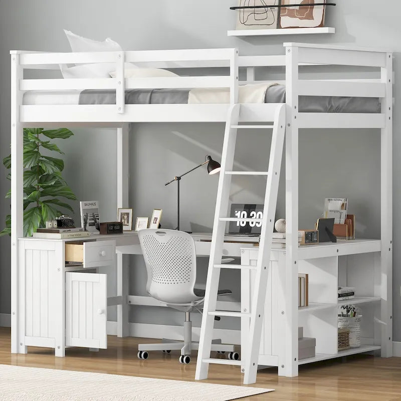 Cama alta de madera maciza blanca de tamaño matrimonial con escritorio, pizarra y cajones